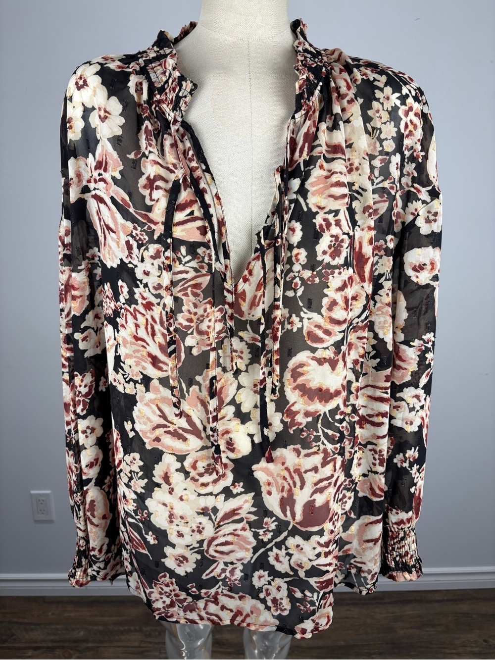 Ella Rafaella Floral Smocked Blouse Plus Size 1X Black Cream Pink Chiffon Top